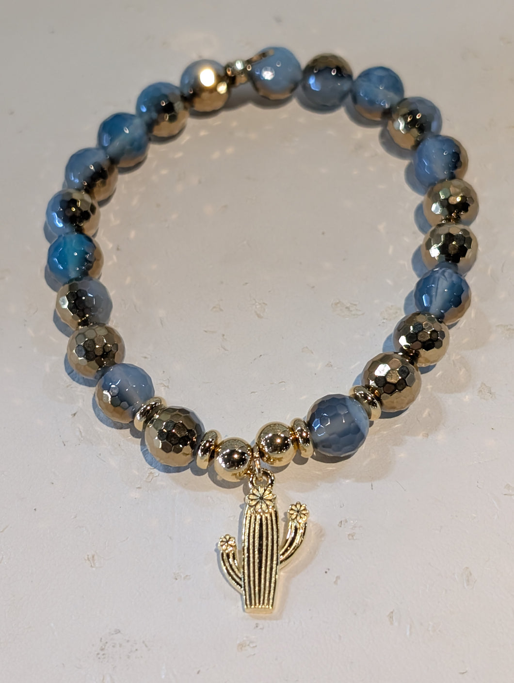 Gold Collection - Blue Gold Agate Bracelet with Cactus Cutout Gold Charm