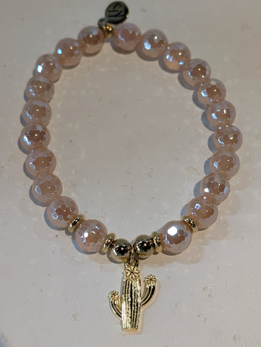 Gold Collection - Champagne Agate Bracelet with Cactus Cutout Gold Charm