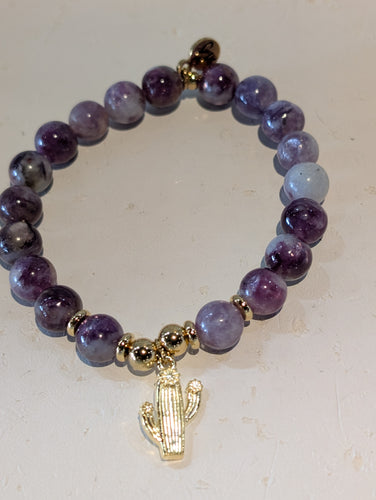 Gold Collection - Lepidolite Quartz Bracelet with Cactus Cutout Gold Charm