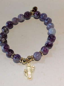 Gold Collection - Lepidolite Quartz Bracelet with Cactus Cutout Gold Charm