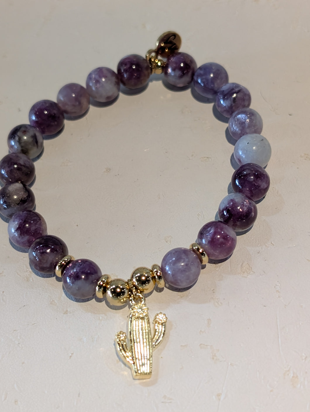 Gold Collection - Lepidolite Quartz Bracelet with Cactus Cutout Gold Charm