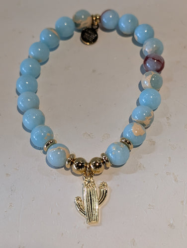 Gold Collection - Snakeskin Jasper Bracelet with Cactus Cutout Gold Charm