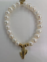 Load image into Gallery viewer, Gold Collection - White Pearl Bracelet with Cactus Cutout Gold Charm
