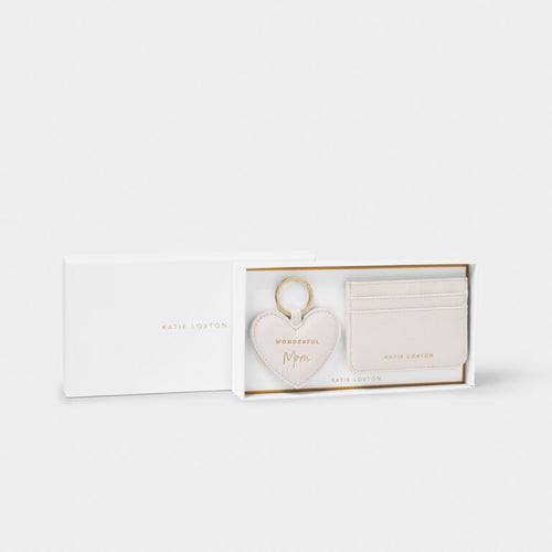 Heart Keychain And Card Holder Set 'Wonderful Mom' in Off White