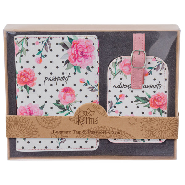Passport Holder & Luggage Tag Set - Pink Peony