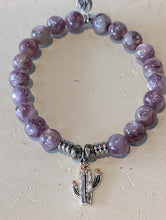 Load image into Gallery viewer, Lepidolite Quartz Bracelet with Cactus Cutout Sterling Silver Charm

