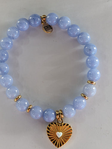 Gold Collection - Sky Blue Jade Bracelet with Heart Opal Gold Charm