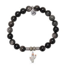 Load image into Gallery viewer, Silver Obsidian Gemstone Bracelet with Cactus Cutout Sterling Silver Charm
