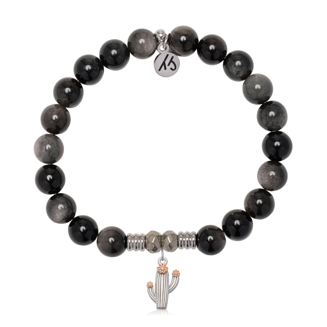 Silver Obsidian Gemstone Bracelet with Cactus Cutout Sterling Silver Charm