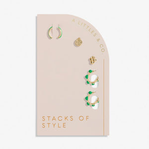 Stacks Of Style Set Of Earrings In Green Enamel And Gold-Tone Plating