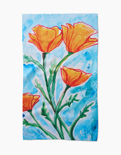 Golden Poppy Flowers Kitchen Tea Towel by Geometry by Skye Walker