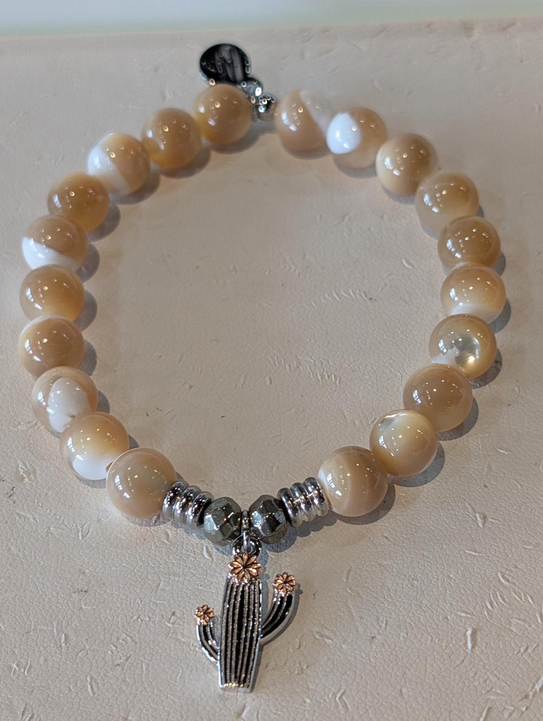 Tan Shell Gemstone Bracelet with Cactus Cutout Sterling Silver Charm