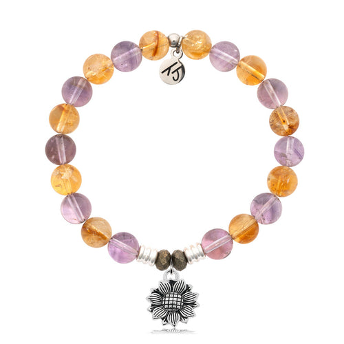 Amethyst Citrine Stone Bracelet with Sunflower Sterling Silver Charm