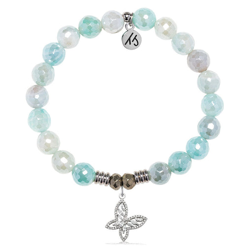 Aqua Agate Gemstone Bracelet with Butterfly CZ Sterling Silver Charm
