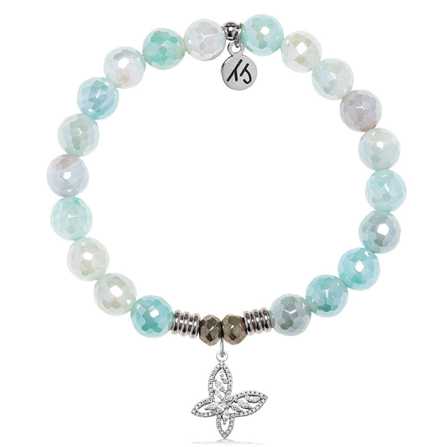 Aqua Agate Gemstone Bracelet with Butterfly CZ Sterling Silver Charm