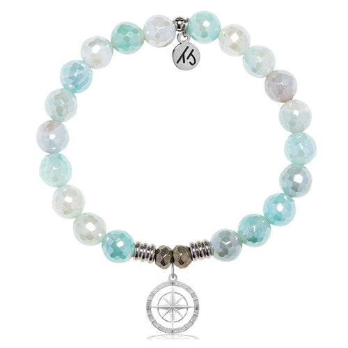 Aqua Agate Gemstone Bracelet with Compass Rose Sterling Silver Charm