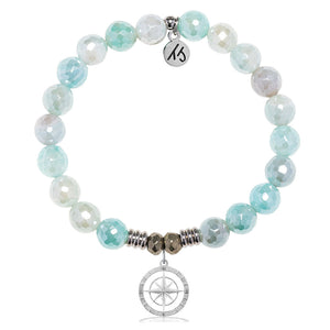 Aqua Agate Gemstone Bracelet with Compass Rose Sterling Silver Charm