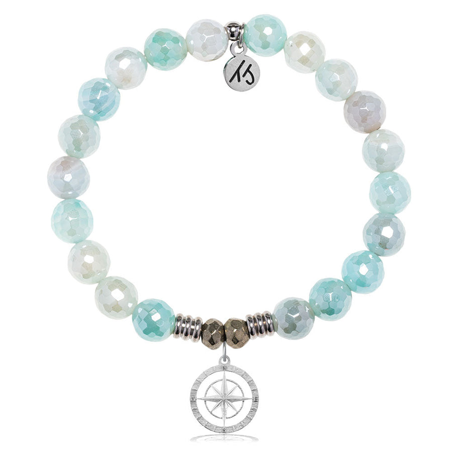 Aqua Agate Gemstone Bracelet with Compass Rose Sterling Silver Charm
