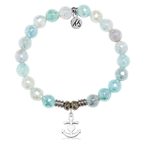Aqua Agate Gemstone Bracelet with Faith. Hope. Love Sterling Silver Charm
