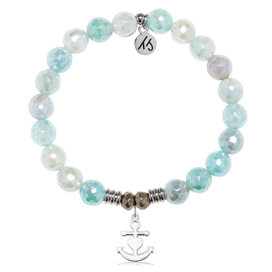 Aqua Agate Gemstone Bracelet with Faith. Hope. Love Sterling Silver Charm