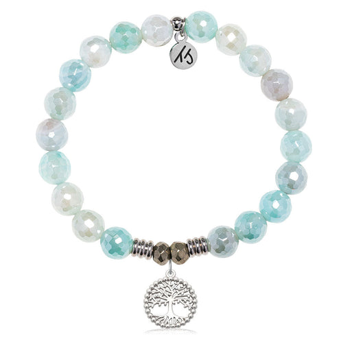 Aqua Agate Gemstone Bracelet with Family Tree Sterling Silver Charm