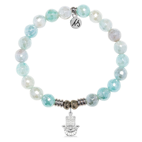 Aqua Agate Gemstone Bracelet with Hamsa CZ Sterling Silver Charm