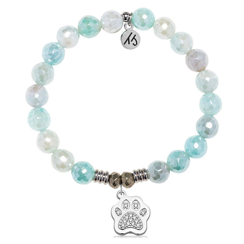 Aqua Agate Gemstone Bracelet with Paw CZ Sterling Silver Charm