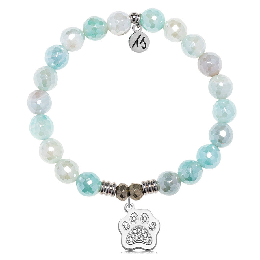 Aqua Agate Gemstone Bracelet with Paw CZ Sterling Silver Charm