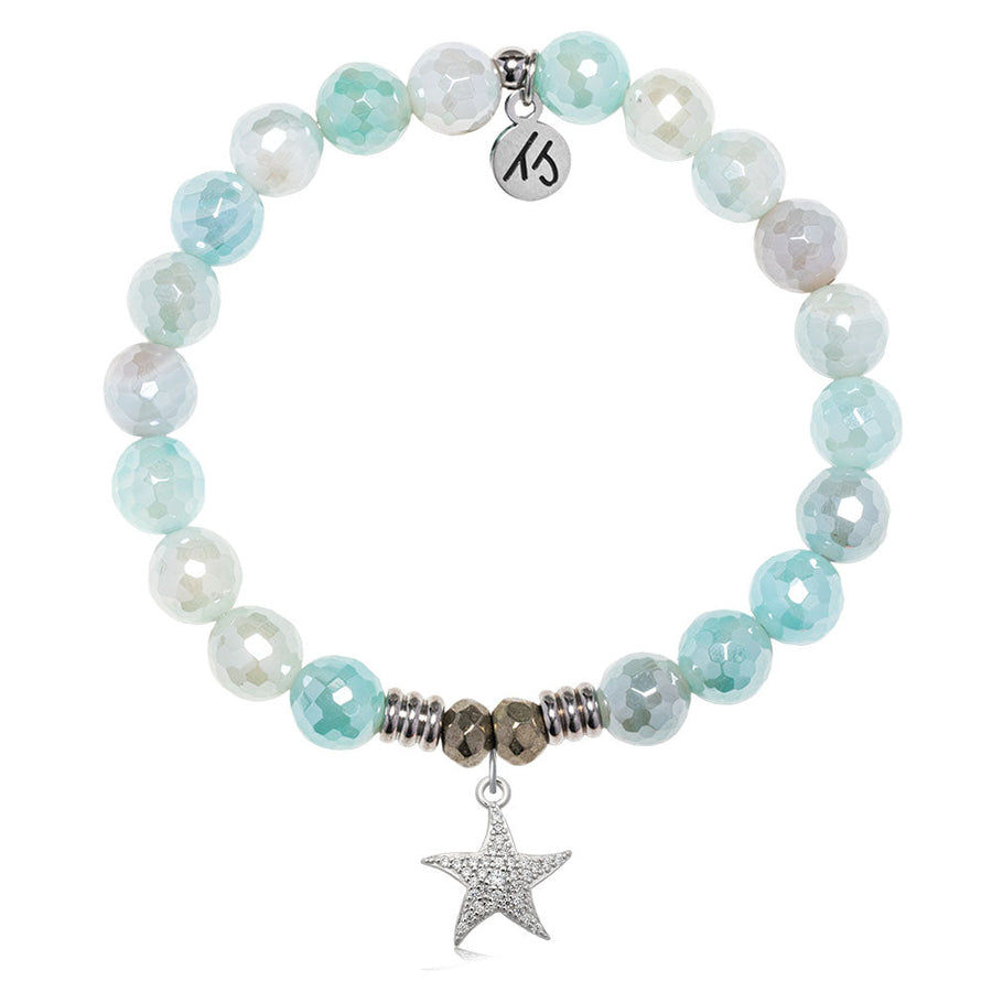 Aqua Agate Gemstone Bracelet with Starfish CZ Sterling Silver Charm