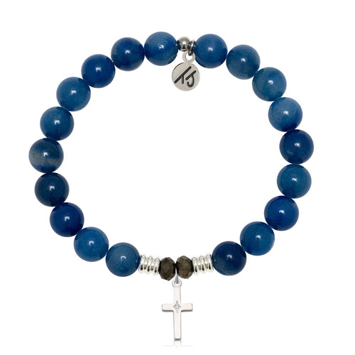 Blue Aventurine Stone Bracelet with Cross CZ Sterling Silver Charm