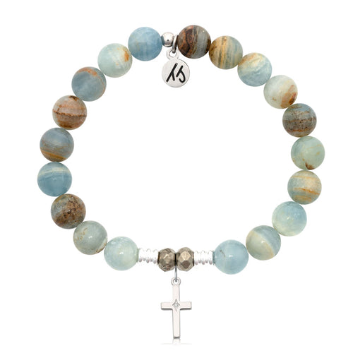 Blue Calcite Stone Bracelet with Cross CZ Sterling Silver Charm