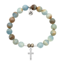 Load image into Gallery viewer, Blue Calcite Stone Bracelet with Cross Sterling Silver Charm
