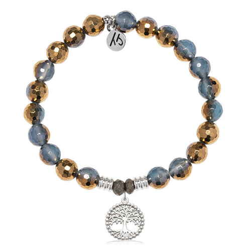 Blue Gold Agate Gemstone Bracelet with Family Tree Sterling Silver Charm