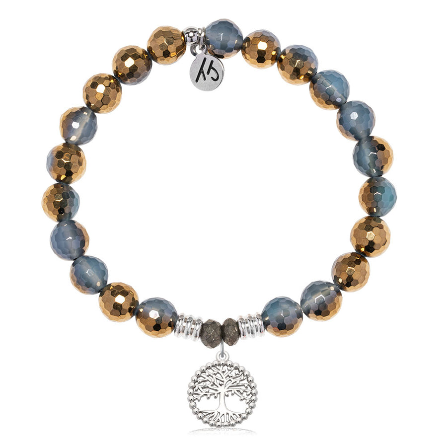 Blue Gold Agate Gemstone Bracelet with Family Tree Sterling Silver Charm