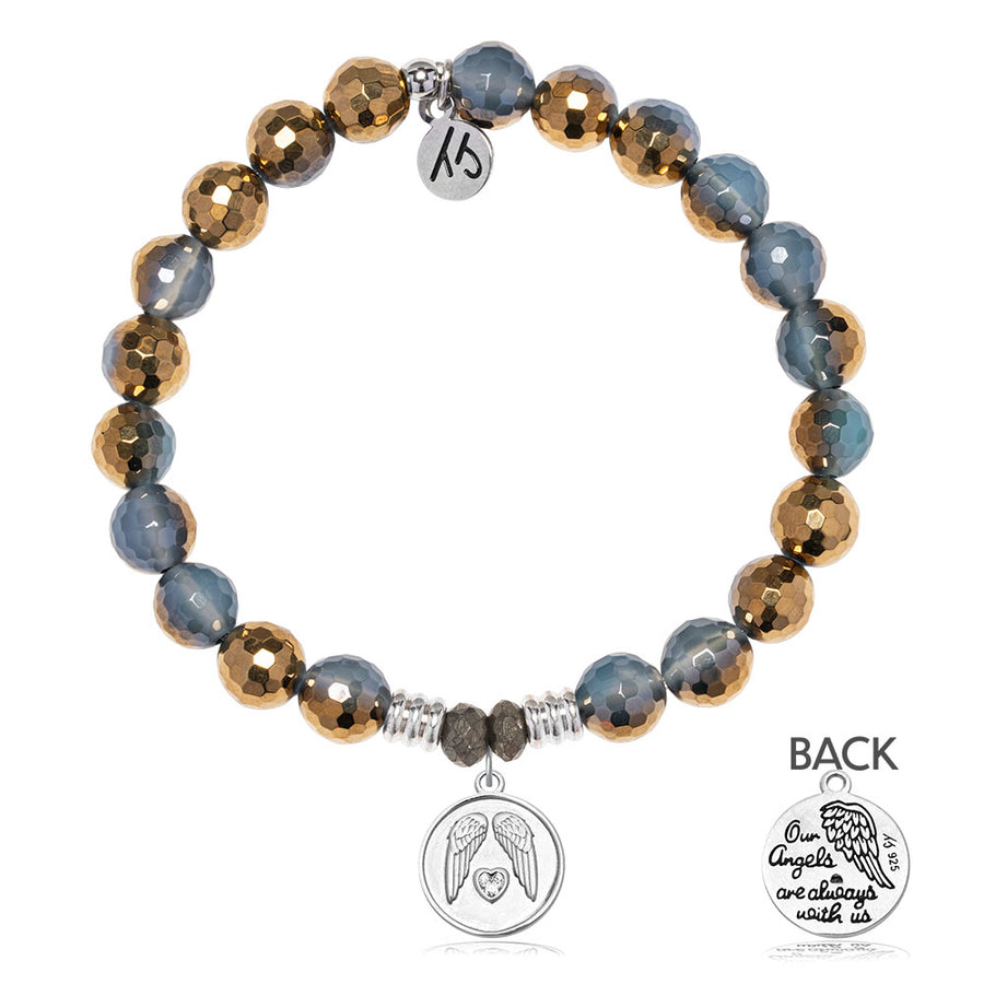 Blue Gold Agate Gemstone Bracelet with Guardian Sterling Silver Charm