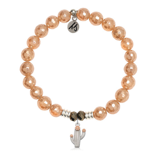 Champagne Agate Stone Bracelet with Cactus Cutout Sterling Silver Charm