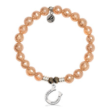 Load image into Gallery viewer, Champagne Agate Gemstone Bracelet with Lucky Horseshoe CZ Sterling Silver Charm
