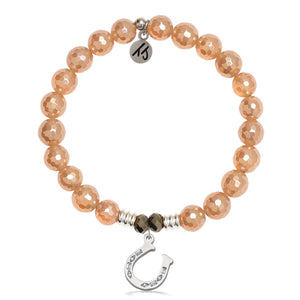 Champagne Agate Gemstone Bracelet with Lucky Horseshoe CZ Sterling Silver Charm