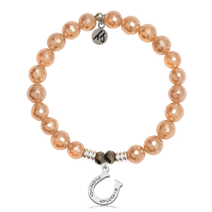Champagne Agate Gemstone Bracelet with Lucky Horseshoe CZ Sterling Silver Charm
