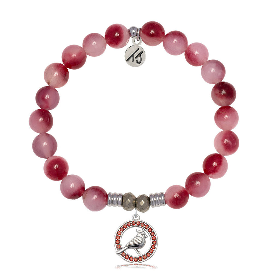 Cherry Jade Gemstone Bracelet with Garnet Cardinal CZ Sterling Silver Charm