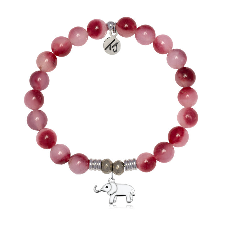 Cherry Jade Gemstone Bracelet with Lucky Elephant Cutout Sterling Silver Charm