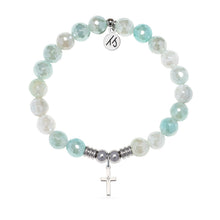Load image into Gallery viewer, Cross CZ Charm with Aqua Agate Gemstone Bracelet
