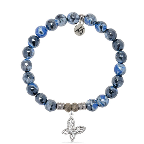 Denim Blue Agate Gemstone Bracelet with Butterfly CZ Sterling Silver Charm