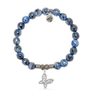 Denim Blue Agate Gemstone Bracelet with Butterfly CZ Sterling Silver Charm