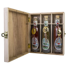 Load image into Gallery viewer, Pure Peppers Deluxe Hot Sauce Gift Set Wood Box - 3 Glass Bottles Habanero, Jalapeno, Ghost Pepper
