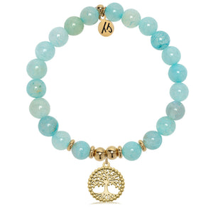 Gold Collection - Aqua Fire Agate Gemstone Bracelet with Family Tree Gold Charm