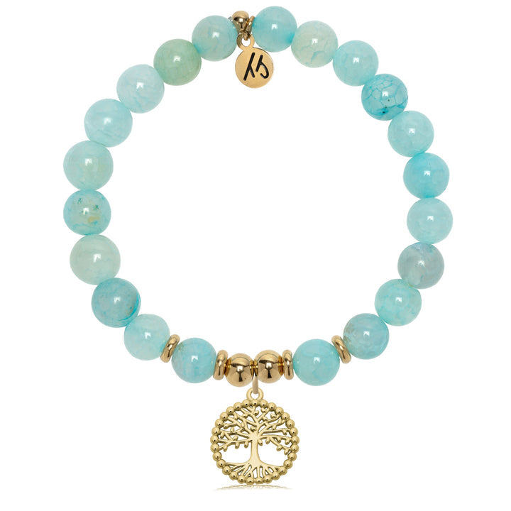Gold Collection - Aqua Fire Agate Gemstone Bracelet with Family Tree Gold Charm