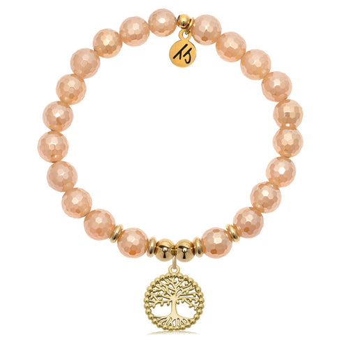 Gold Collection - Champagne Agate Gemstone Bracelet with Family Tree Gold Charm