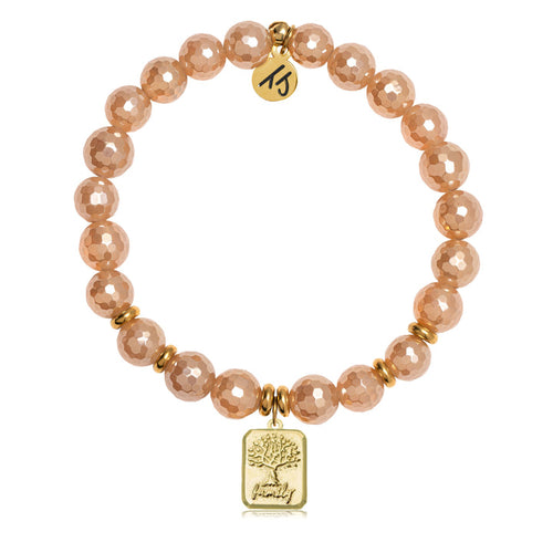 Gold Collection - Champagne Agate Gemstone Bracelet with Family Tree Gold Charm