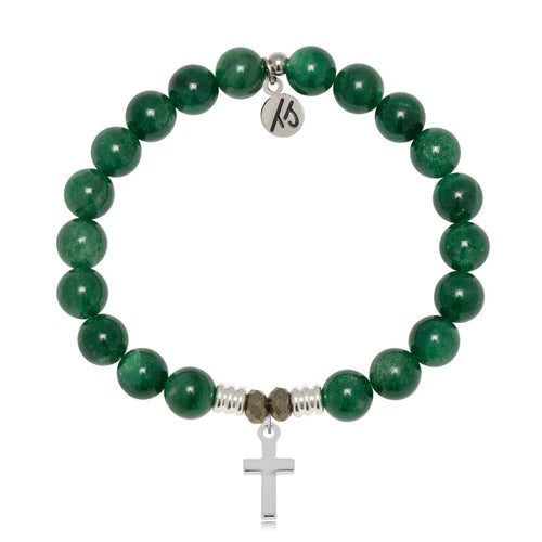Green Kyanite Gemstone Bracelet with Cross Sterling Silver Charm